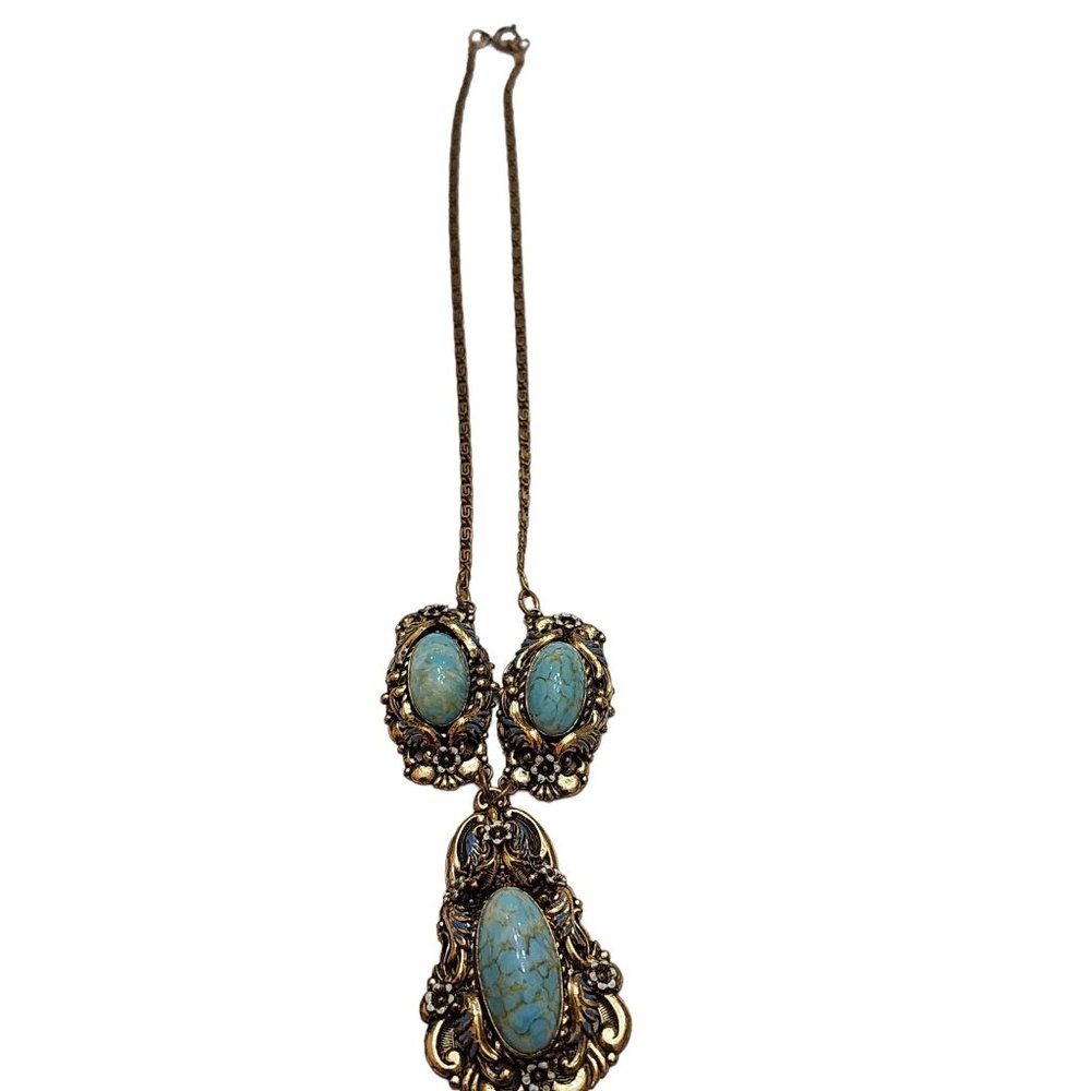 Vintage Elaborate Enamel Stone Pendant Necklace (A2400)